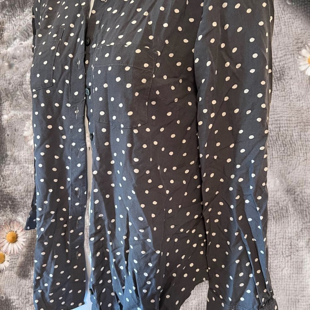 Loft Outlet Grey & White Polka Dot Button Down Long Sleeve Blouse